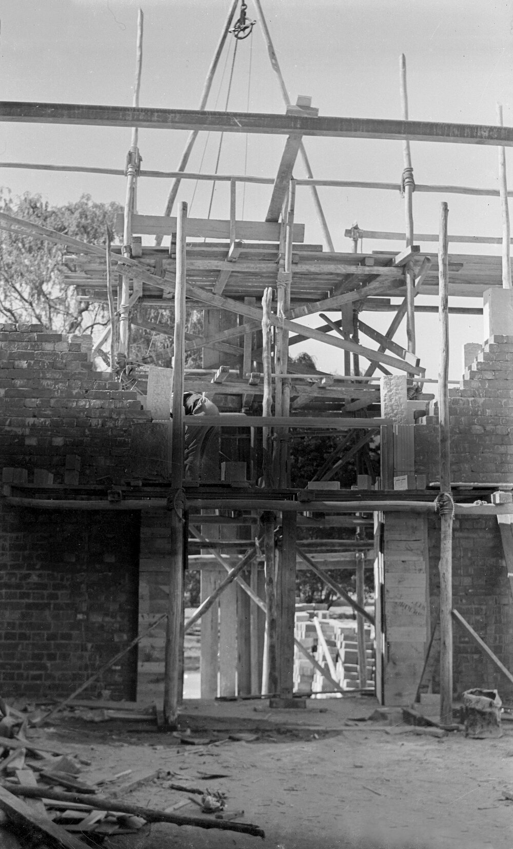 University building under construction. Front door and entrance from inside.