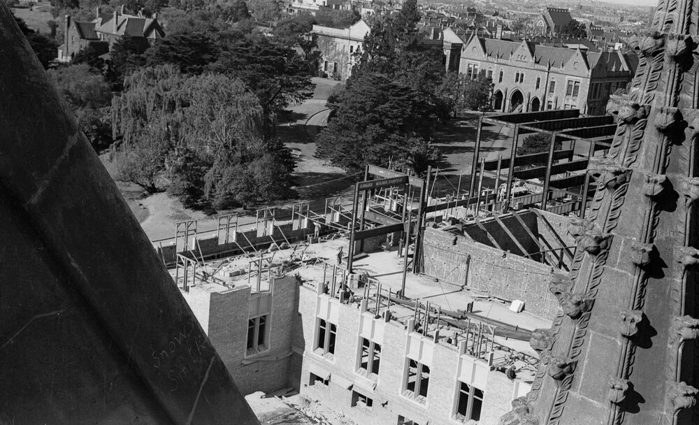 University building under construction from East apse of Wilson Hall.
