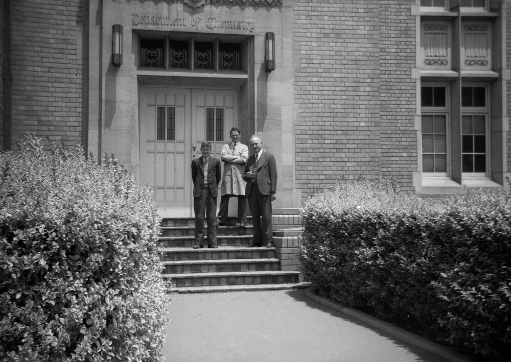 A.N. Hambly with Colin Sach &amp; Ian Sach[?] on Chemistry steps.