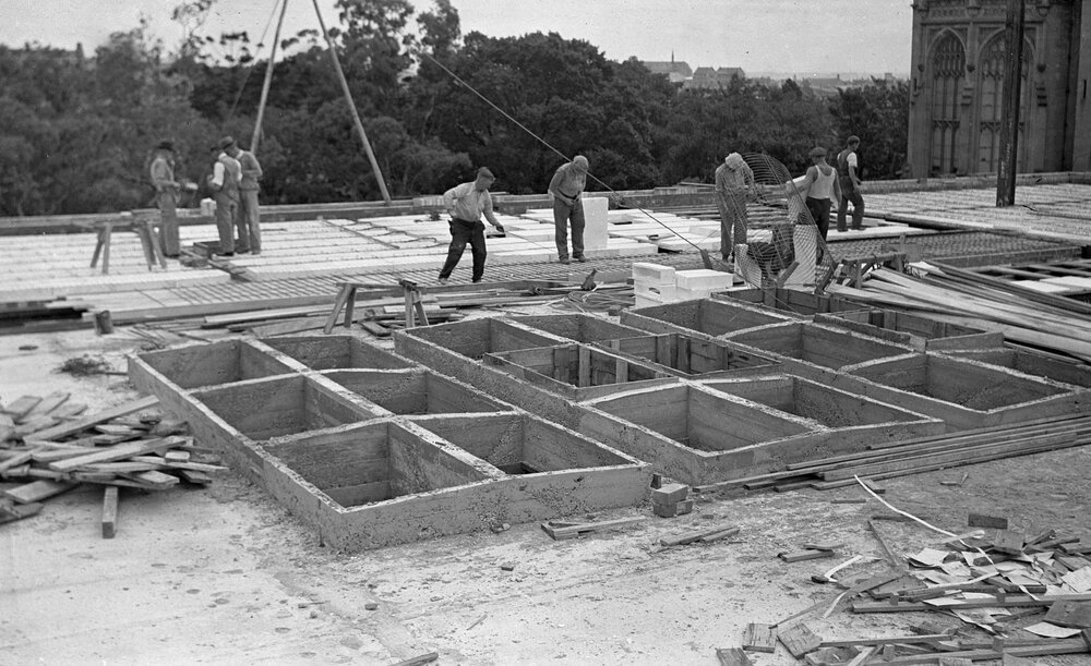 University building under construction.  Looking south across Cuming Theatre skylight.