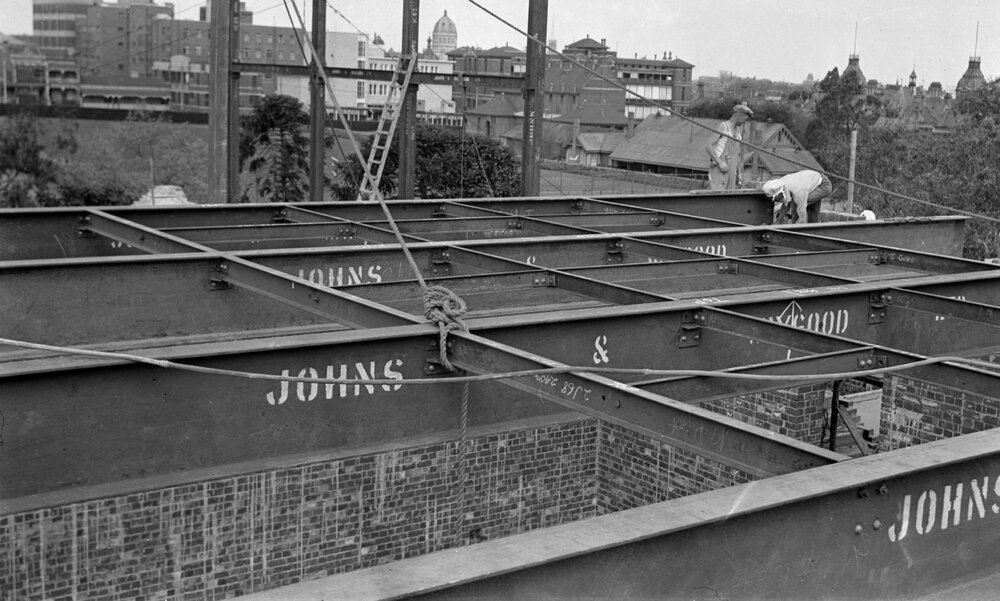 University building under construction. Steel framing South East corner. Room 56.