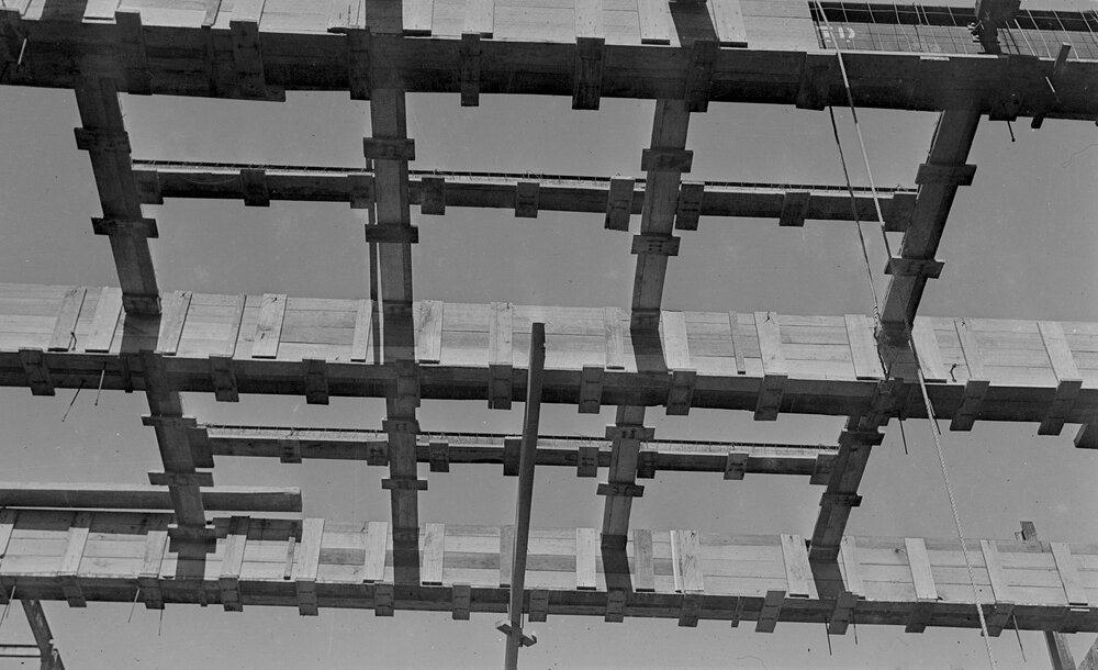 University building under construction.  Cuming Theatre skylight frame.