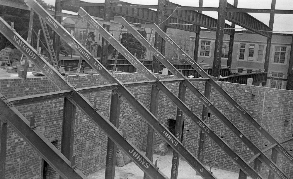 University building under construction. Masson Theatre, upper flooor girders.