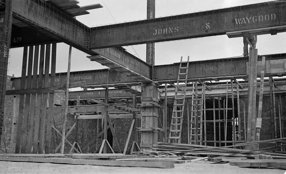University building under construction. Steel framing.