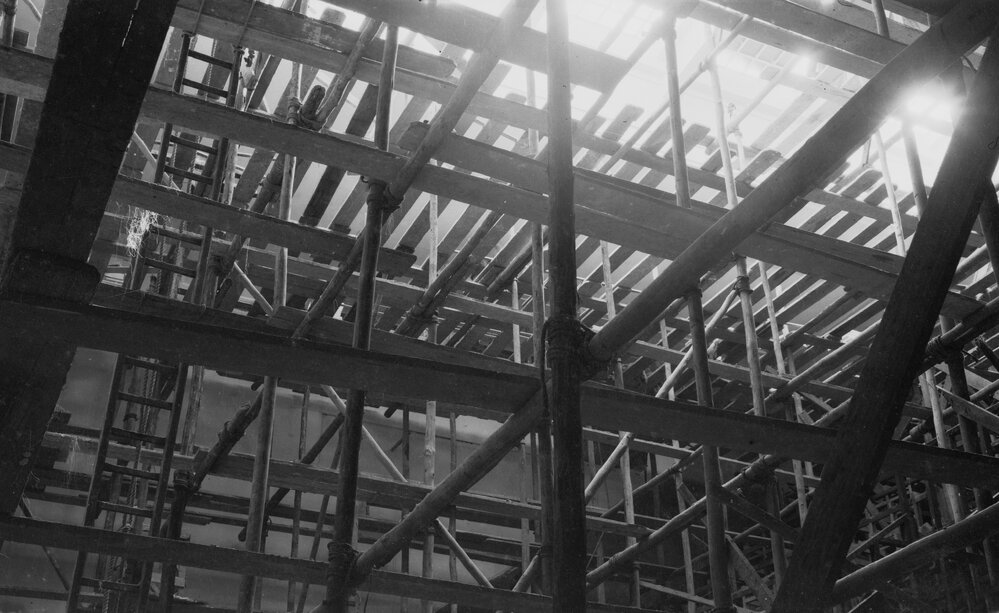 University building under construction.  Internal framing - probably Masson Theatre.