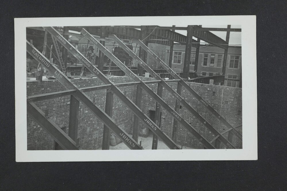 Brick walls and steel framework of Chemistry building (or Old Commerce building?) under construction, University of Melbourne, circa 1938-1940.