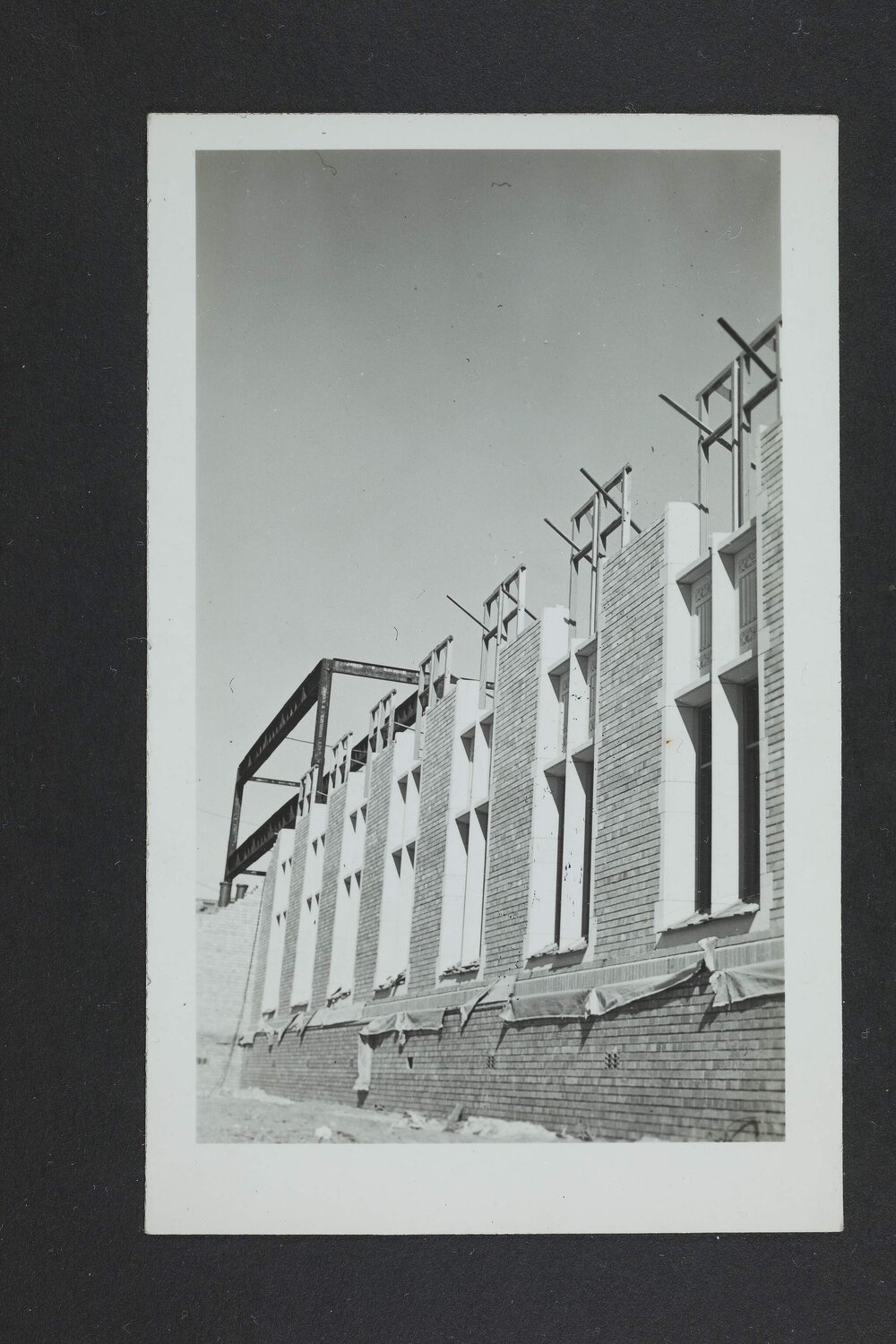 Unfinished north wall of Chemistry building during construction, University of Melbourne, circa 1938-1940.