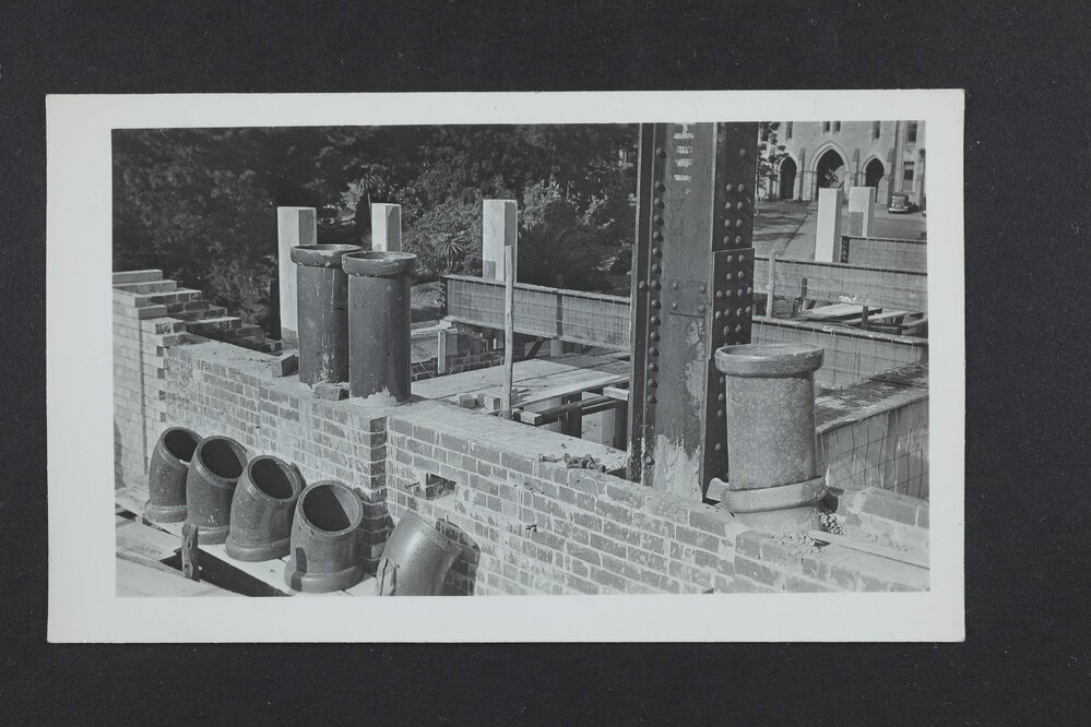 Pipes in Chemistry building during construction, University of Melbourne, circa 1938-1940.