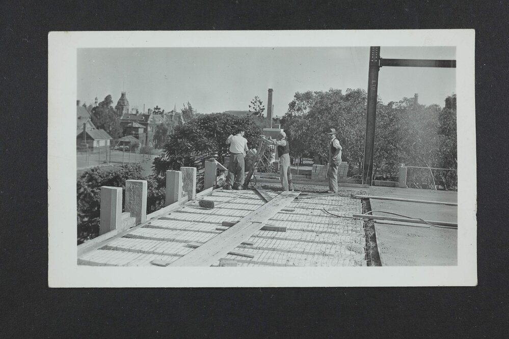 Framework of Chemistry building during construction, University of Melbourne, circa 1938-1940.