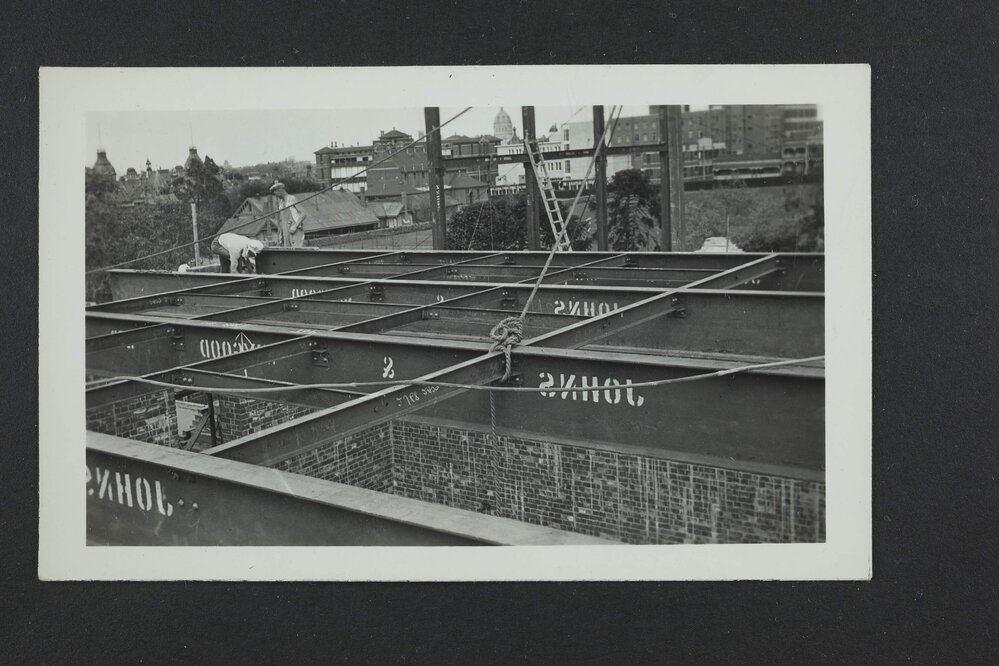 Roof frame of Chemistry building during construction, University of Melbourne, circa 1938-1940.