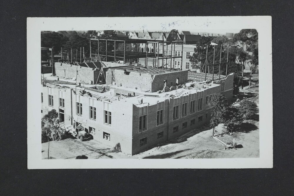 View of Chemistry building during construction from Old Wilson Hall, University of Melbourne, circa 1938-1940.