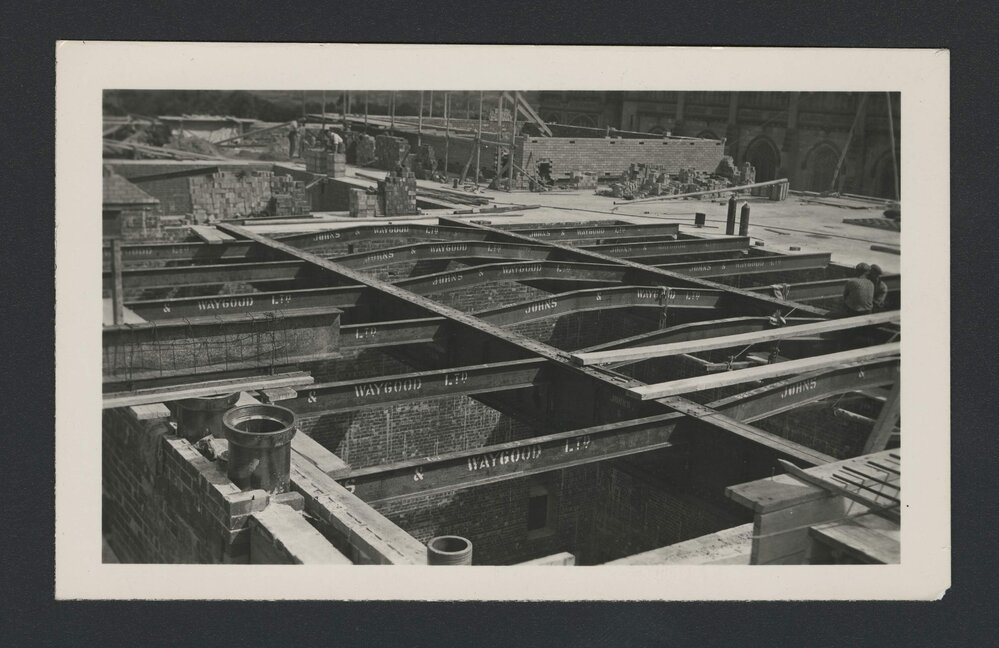 Roof frame of Chemistry building during construction, University of Melbourne, circa 1938-1940.