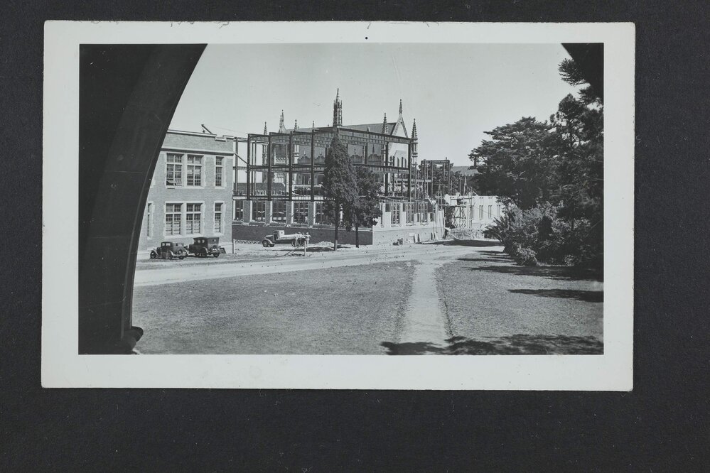 Steel framework of Chemistry building, University of Melbourne, circa 1938-1940.