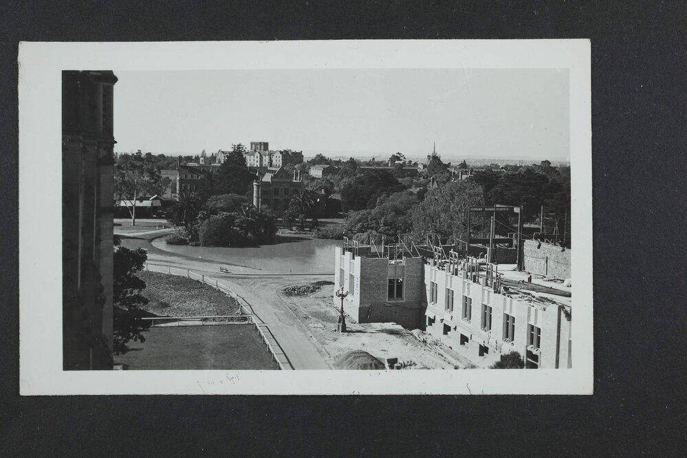 View of Chemistry building during construction from Old Wilson Hall, University of Melbourne, circa 1938-1940.