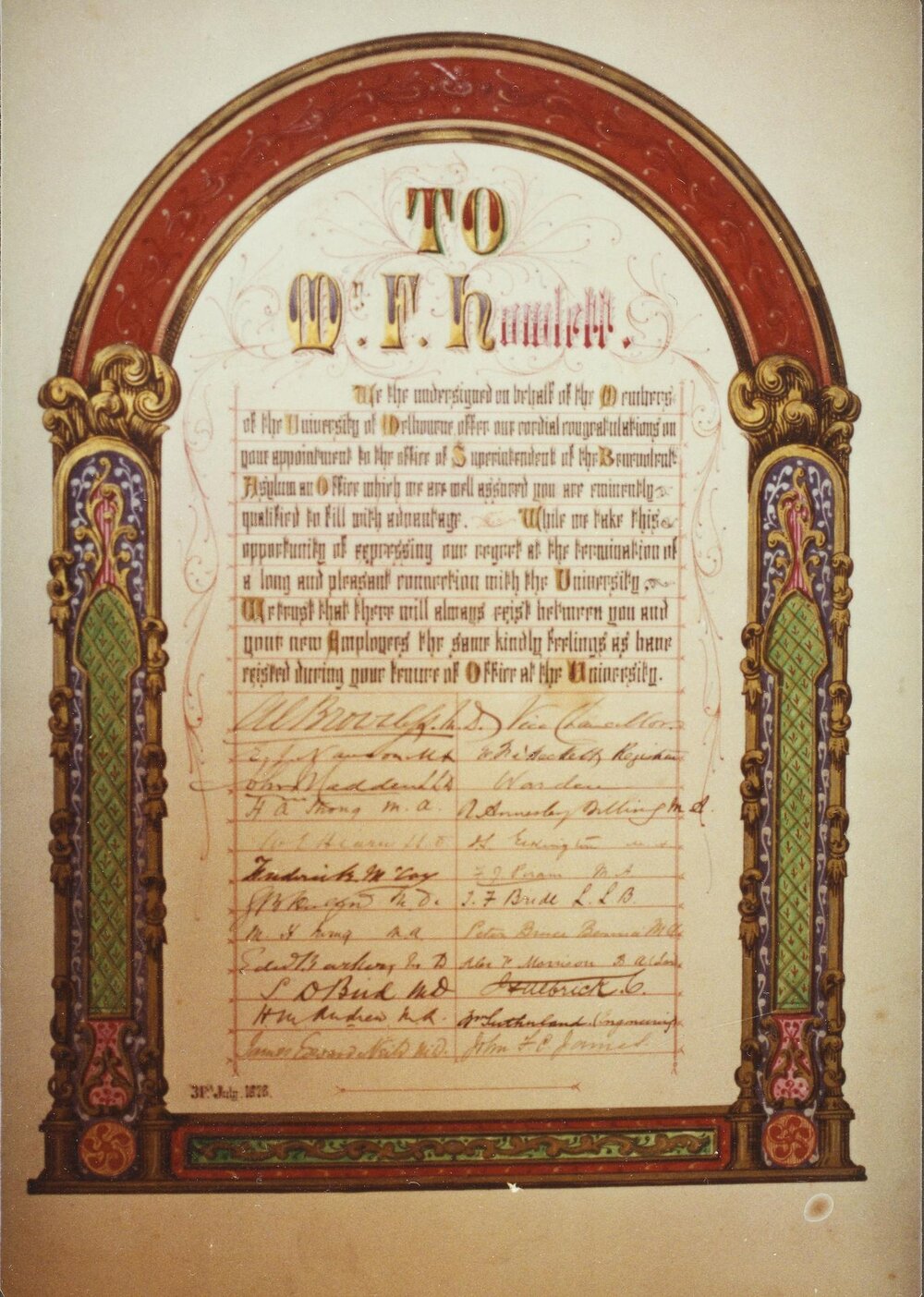 Illuminated address to Frederick Howlett, University of Melbourne, circa 1878.