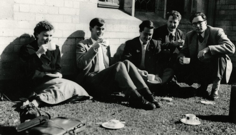Morning tea outside the Union House, University of Melbourne, 3rd term 1954.