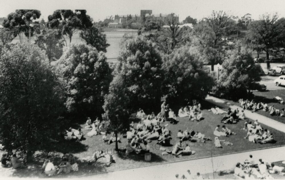 Looking down from the Union roof at lunchtime, University of Melbourne, 3rd term 1951