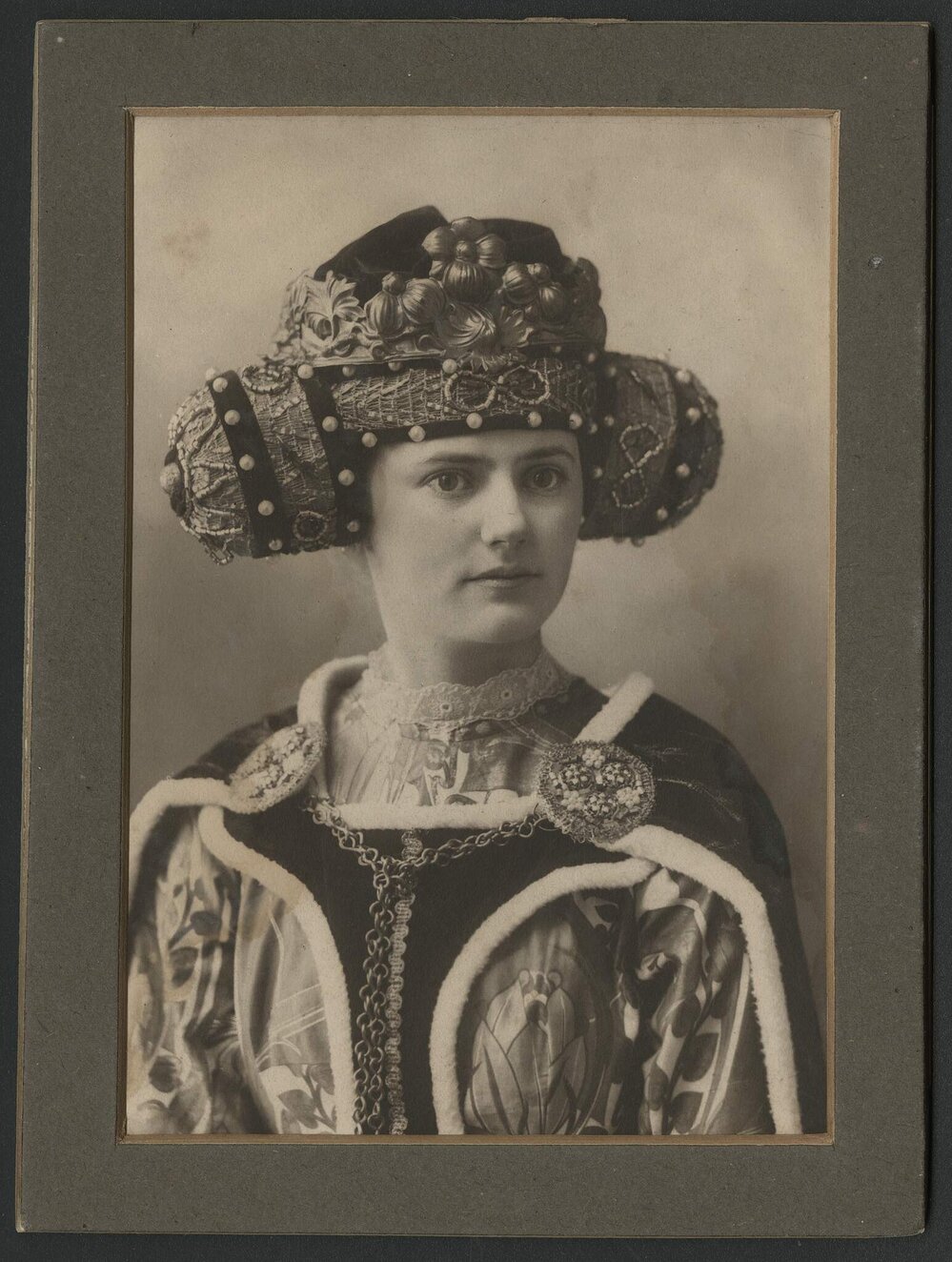 Photograph of model wearing a reproduction costume made by Emily Jessie Ashdown