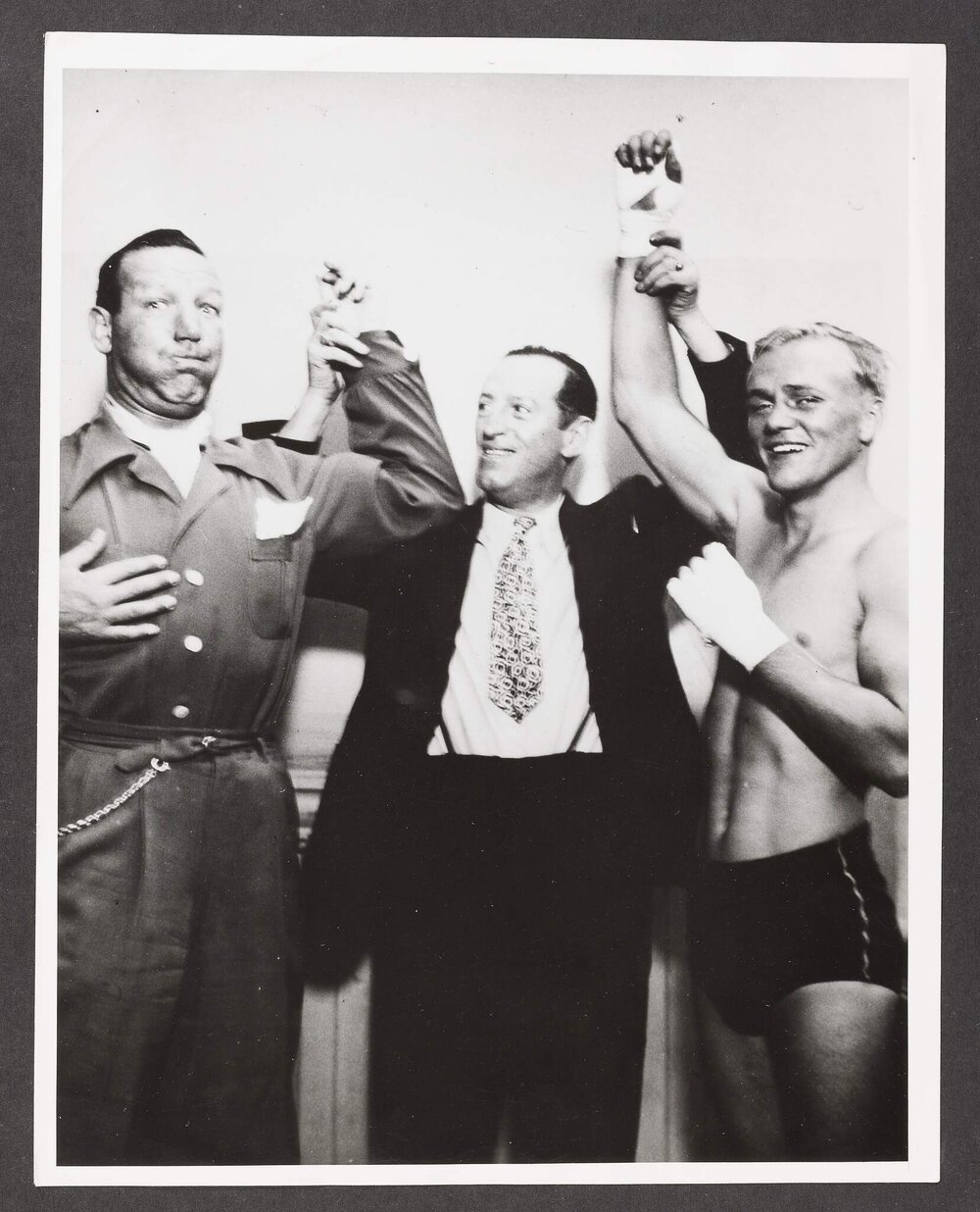 [Maxie Rosenbloom, Frank Backman and Wally Hally