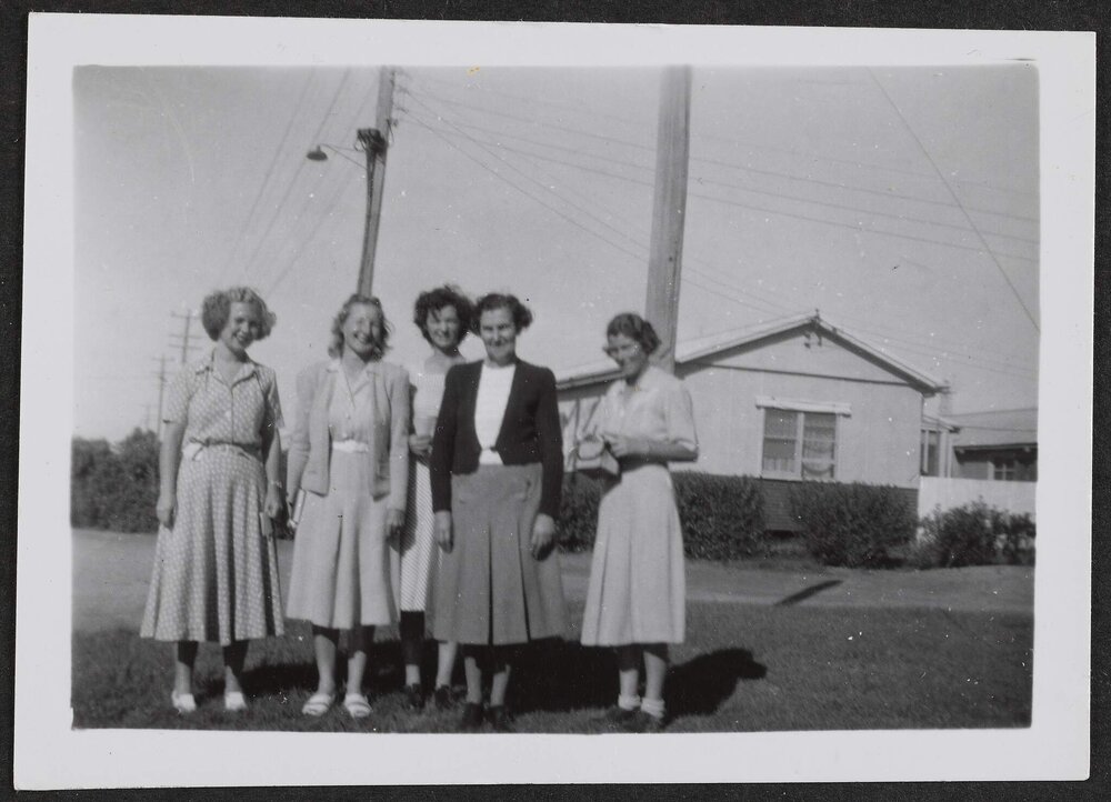 [Photograph: Mildura campus. Students' Arrival Day. Group of five women]