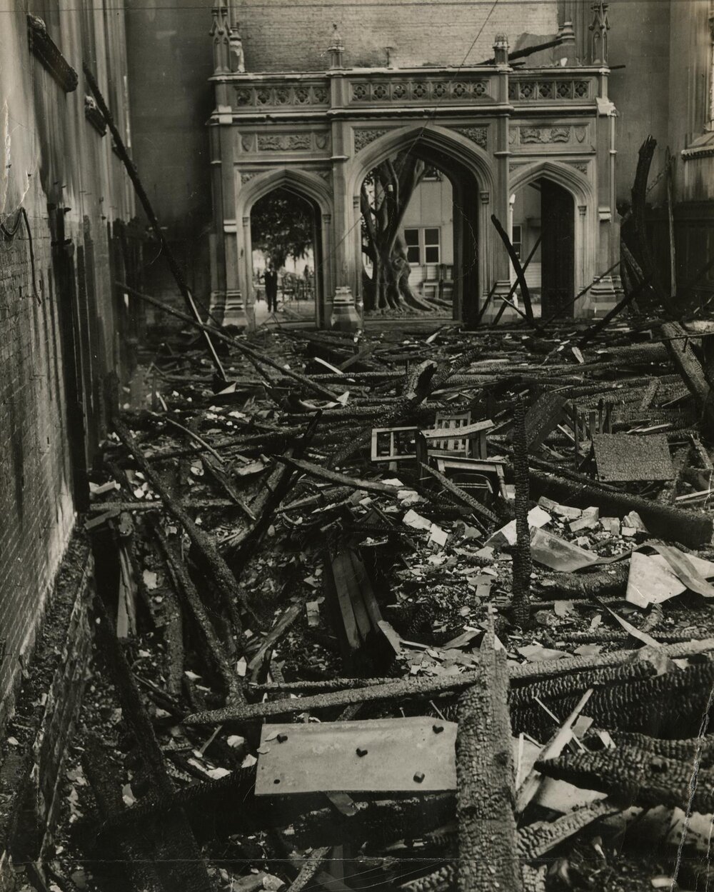 Embers of Old Wilson Hall fire, University of Melbourne, 26 January 1952.