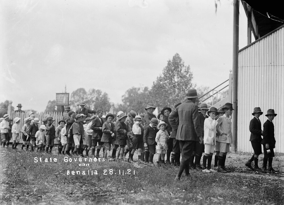 School boys at a Benalla grandstand for the visit of the Governor of Victoria.