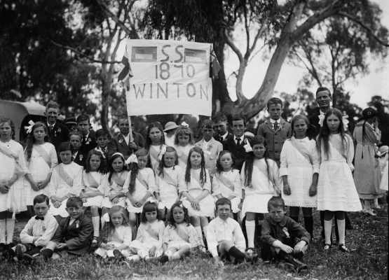 A group of Winton State School pupils with a teacher.