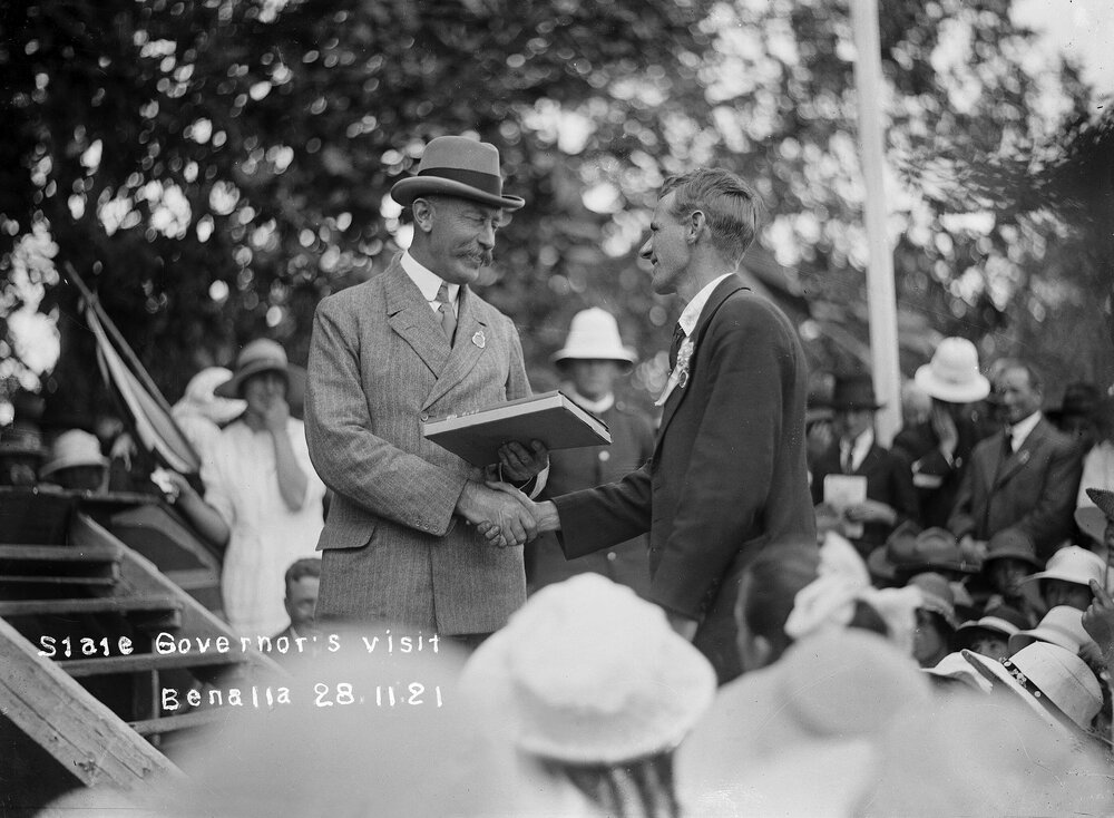 The Governor of Victoria receiving a gift at Benalla on 28th November 1921.