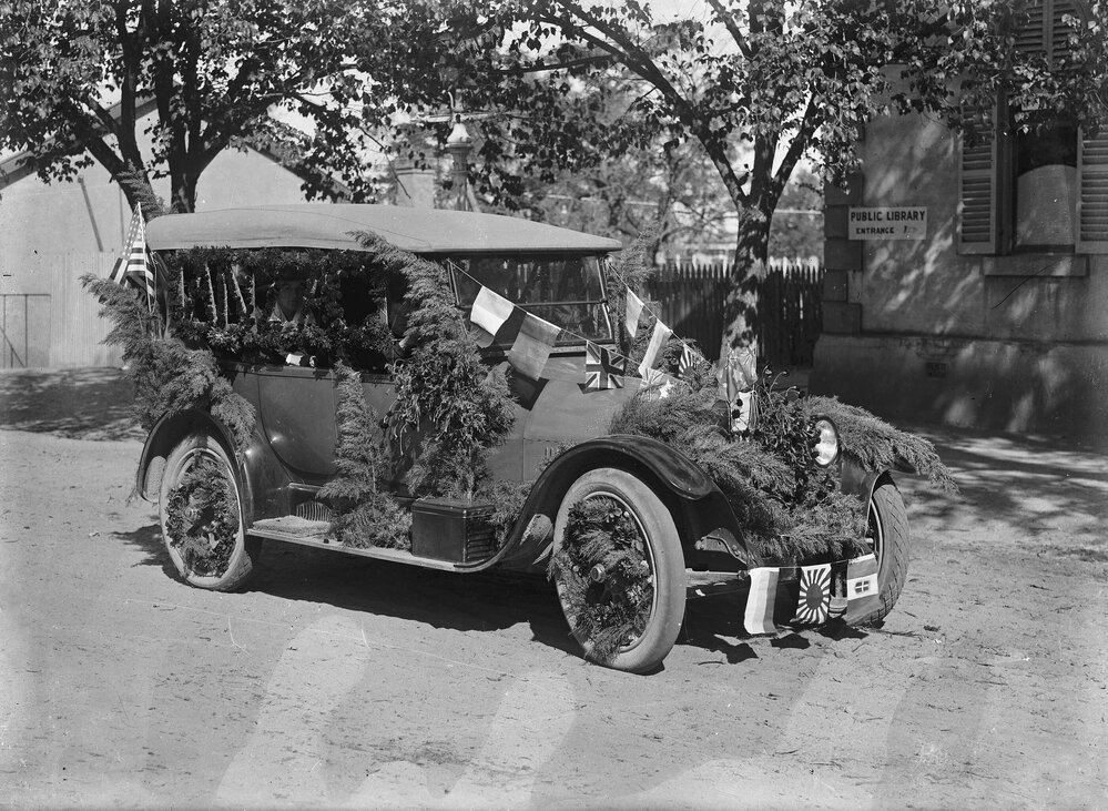 A car decorated with spruce or fur branches and flags of many nations.