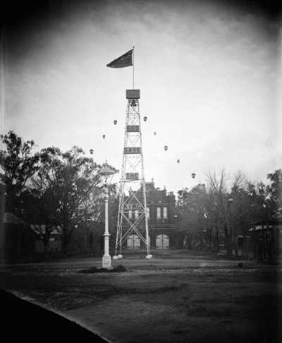 A banner 'God Save The King' on the Benalla Fire Station bell tower for the coronation of King George 5th.