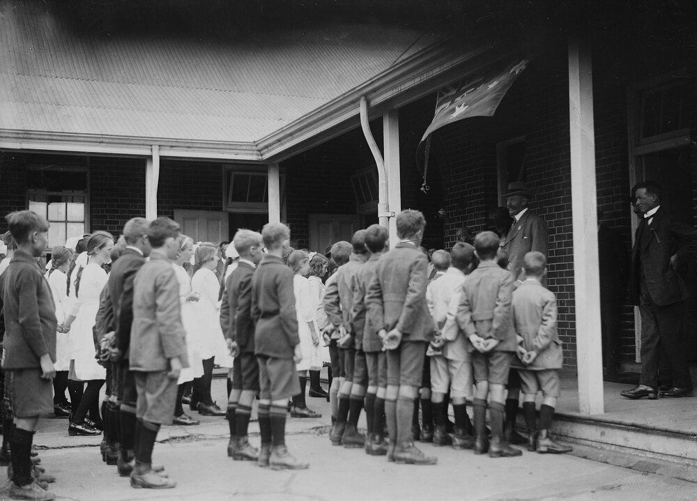 School children in Benalla being addressed by the Governor of Victoria.