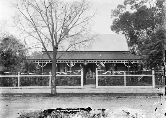 Bunting on the front of Miss Walter's Benalla house.