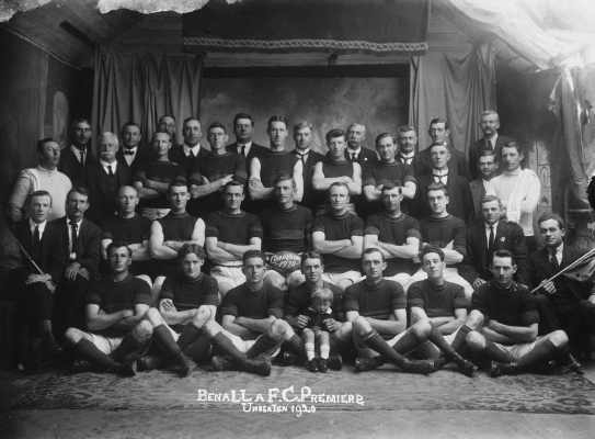 A posed group comprising Benalla Football Club's 1920 premiership team and officials.