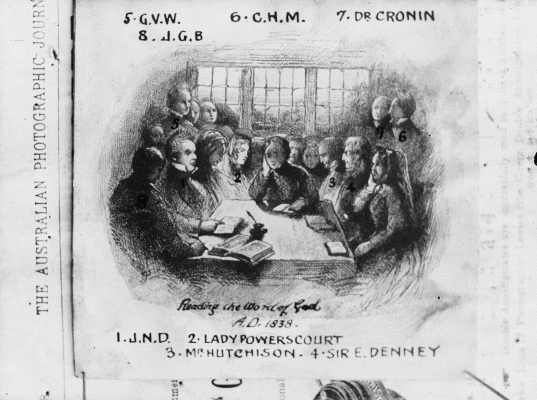 An etching of unknown origin illustrating people reading the Bible in 1838.