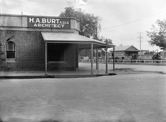 A commercial street intersection showing the premises of H.A. Burt, Architect, Euroa.