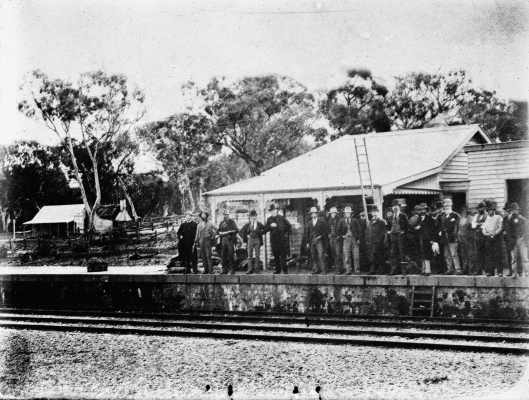 A scene at Glenrowan Railway Station shortly after the capture of Ned Kelly.