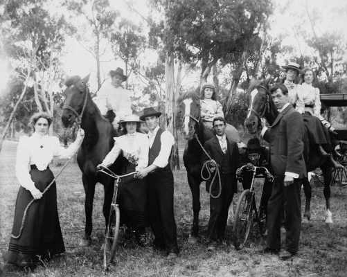 A group of young people with bicycles and horses, in a bushland setting, with a bridge visible.