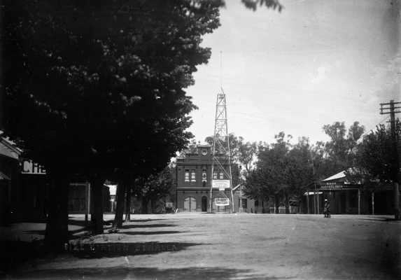 Benalla street scene showing the Fire Station, Fire Bell Tower and other buildings.