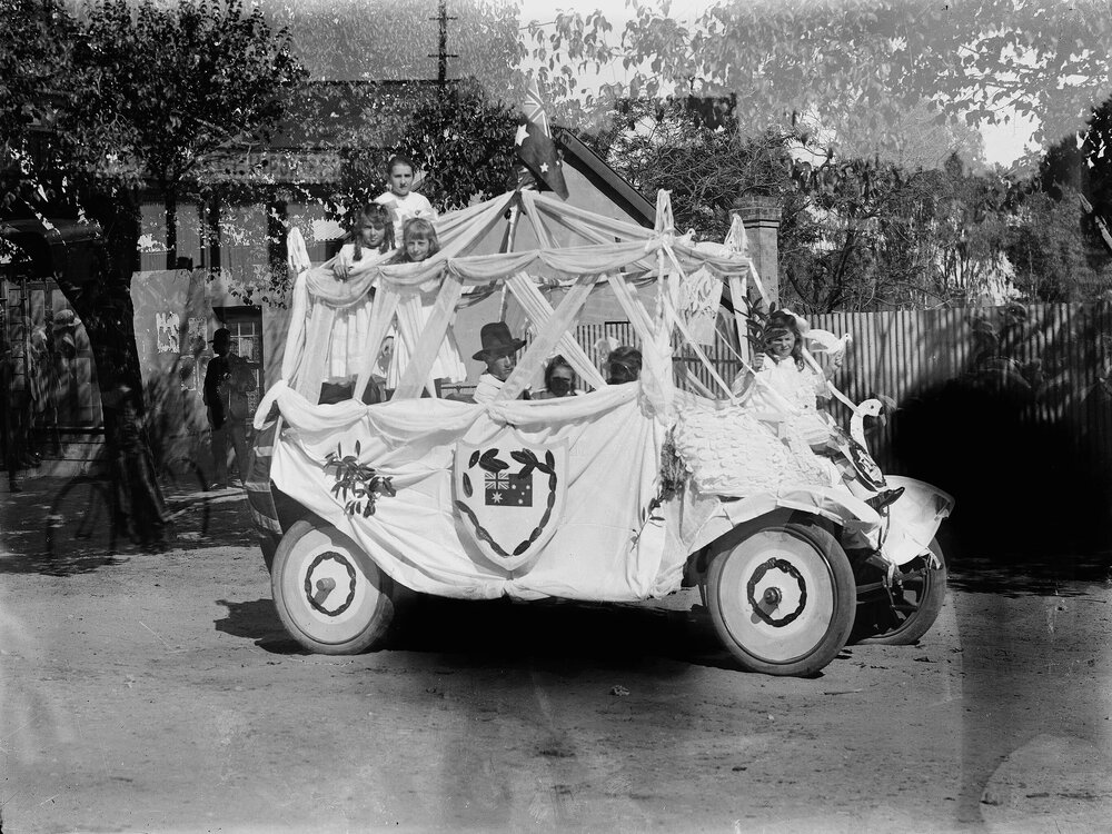 A car decorated for peace celebrations in Benalla.