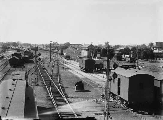 Railway tracks, rolling stock, yards and railway workshops at Benalla.