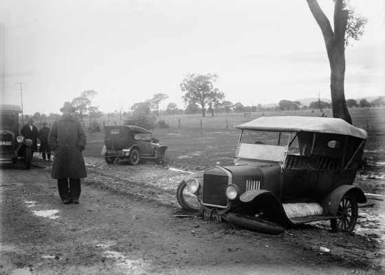 A motoring accident on a wet country road in Victoria.