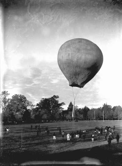A large tethered balloon on a sporting oval at Benalla.