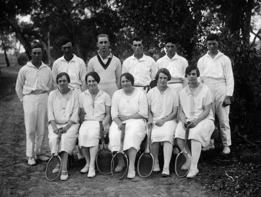 A posed group of unidentified tennis players.