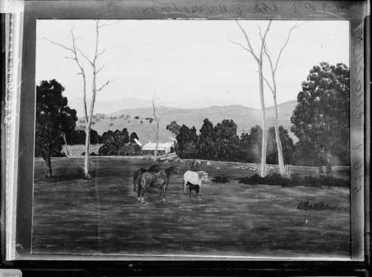 Photograph of artwork depicting a farmhouse and grazing animals.