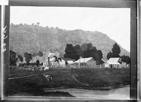 Photograph of artwork depicting a farmhouse with outbuildings.