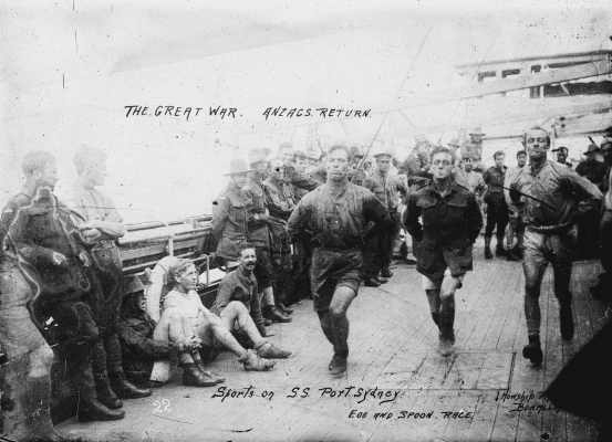 Soldiers participating in an egg and spoon race on the deck of S.S Port Sydney.