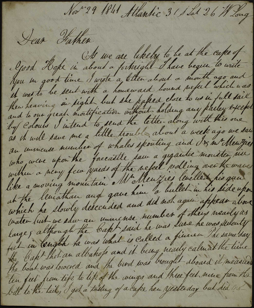 James Butchart,  Atlantic, to father