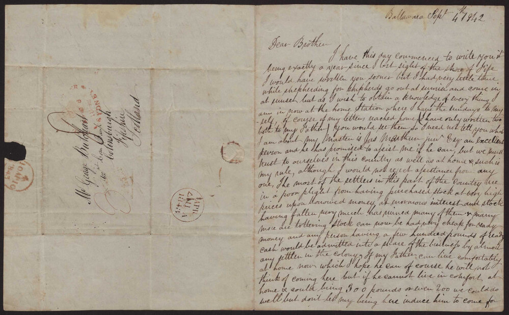 James Butchart, Ballawarra (MacArthur's run, near Ballarat), to brother (George)