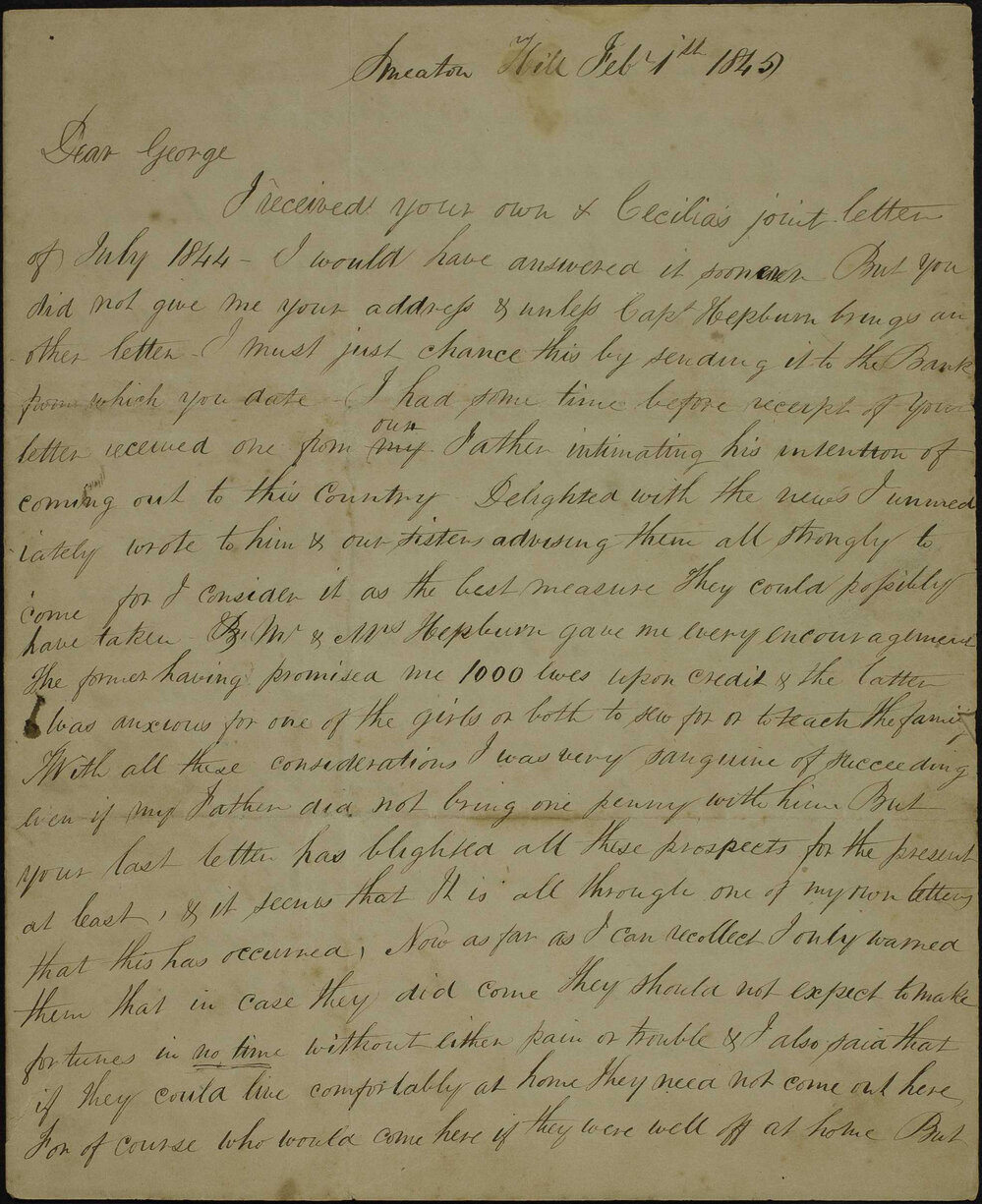 James Butchart, Smeaton Hill, to brother