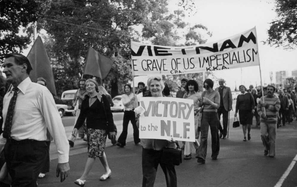 Anti-Vietnam war protesters at a May Day rally in Melbourne in 1975.